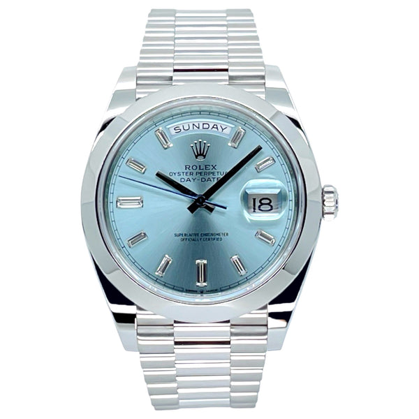 Rolex Day-Date 40 40mm 228206-0002 Ice Blue Dial with 10 Baguette-Cut Diamonds