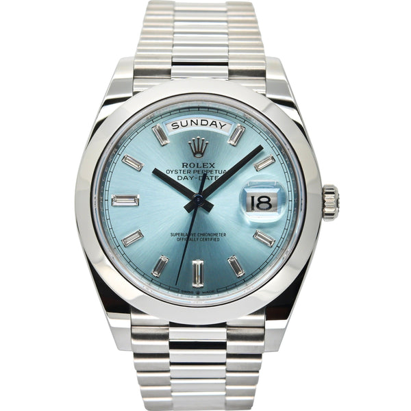 Rolex Day-Date 40 40mm 228206-0002 Ice Blue Dial with 10 Baguette-Cut Diamonds